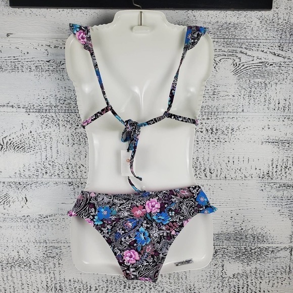 Shade & Shore Tropical Black Floral 2 Piece Swimsuit Ruffled Bikini Set - Picture 5 of 8